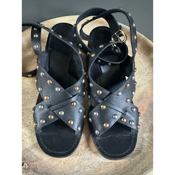 Maje Fiona sandals black leather gold silver studs ankle wrap sz 39 - Picture 12 of 14